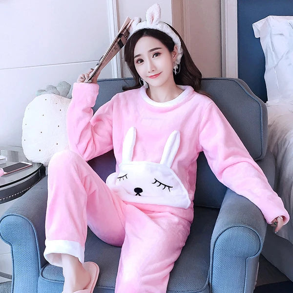 Fleece Thick Warm Women's Pajamas Set Winter Sleepwear Casual Solid Top and Plaid Pants Soft Pijamas Set for Women Home Suit