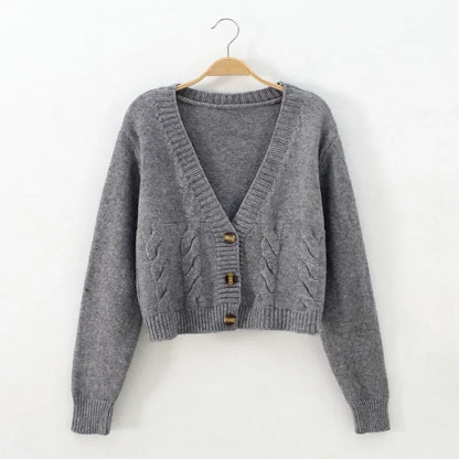 V Neck Cropped Cardigan Women Long Sleeve Twist Knitted Sweater Coats Autumn Winter Keep Warm