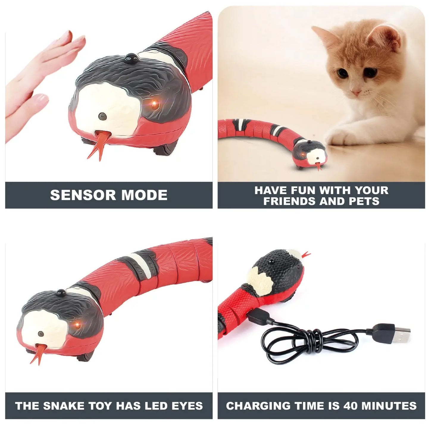 Smart Sensing Cat Toys Interactive Automatic Eletronic Snake Cat Teaser Indoor Play Kitten Toy USB Rechargeable