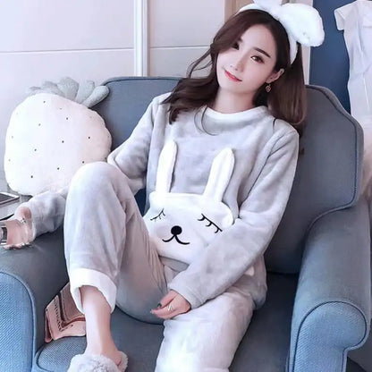 Fleece Thick Warm Women's Pajamas Set Winter Sleepwear Casual Solid Top and Plaid Pants Soft Pijamas Set for Women Home Suit