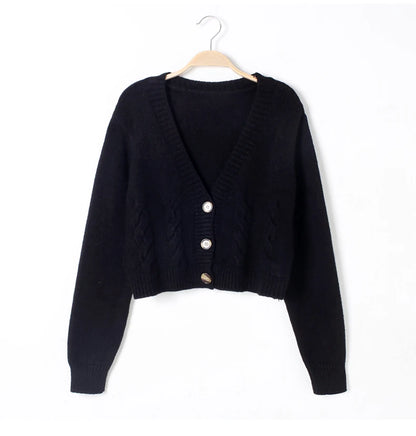 V Neck Cropped Cardigan Women Long Sleeve Twist Knitted Sweater Coats Autumn Winter Keep Warm