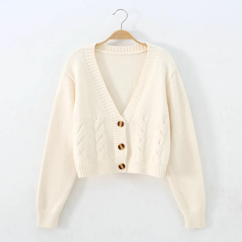 V Neck Cropped Cardigan Women Long Sleeve Twist Knitted Sweater Coats Autumn Winter Keep Warm