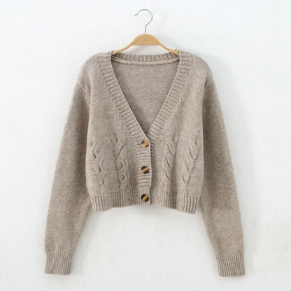 V Neck Cropped Cardigan Women Long Sleeve Twist Knitted Sweater Coats Autumn Winter Keep Warm