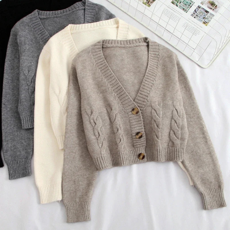 V Neck Cropped Cardigan Women Long Sleeve Twist Knitted Sweater Coats Autumn Winter Keep Warm