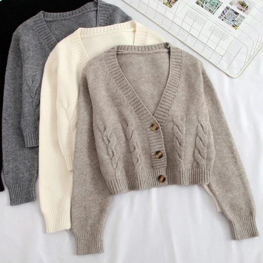 V Neck Cropped Cardigan Women Long Sleeve Twist Knitted Sweater Coats Autumn Winter Keep Warm