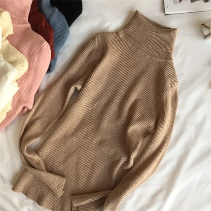 2024 Autumn Winter Thick Sweater Women Knitted Ribbed Pullover Sweater Long Sleeve Turtleneck Slim Jumper Soft Warm Pull Femme