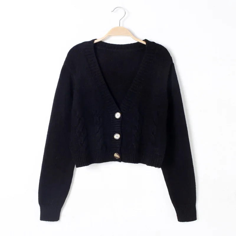 V Neck Cropped Cardigan Women Long Sleeve Twist Knitted Sweater Coats Autumn Winter Keep Warm