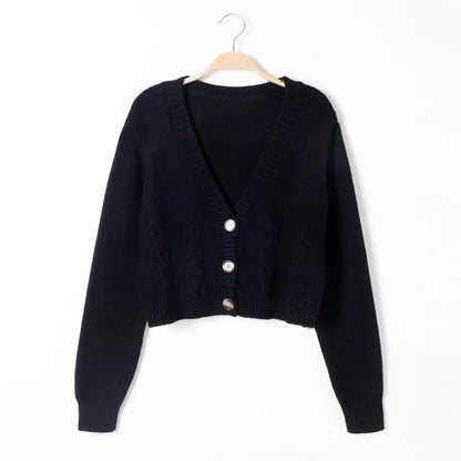 V Neck Cropped Cardigan Women Long Sleeve Twist Knitted Sweater Coats Autumn Winter Keep Warm