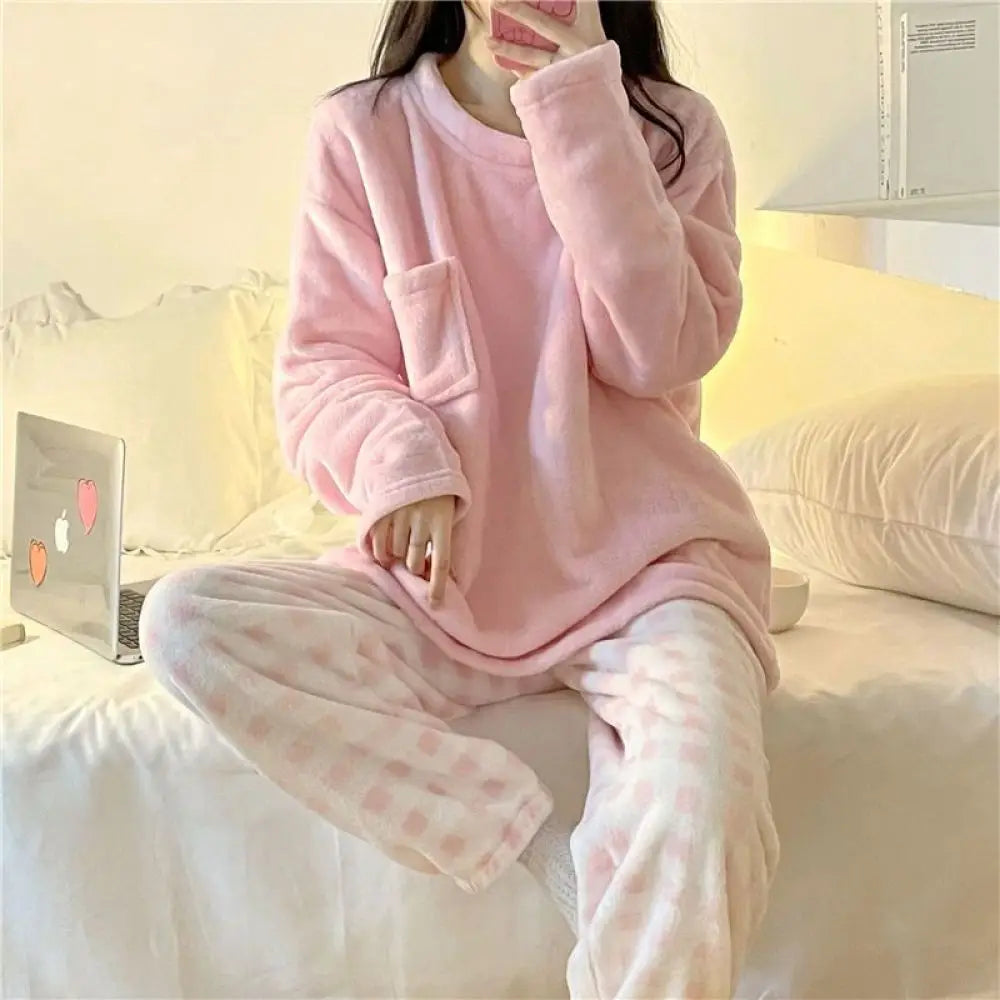 Fleece Thick Warm Women's Pajamas Set Winter Sleepwear Casual Solid Top and Plaid Pants Soft Pijamas Set for Women Home Suit