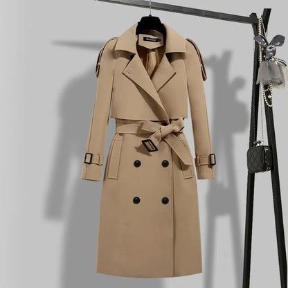 Women's Trench Coat with Belt Autumn Korean Long-style Ladies Double-breasted Solid Khaki Adjustable Waist Trench Coat for Women