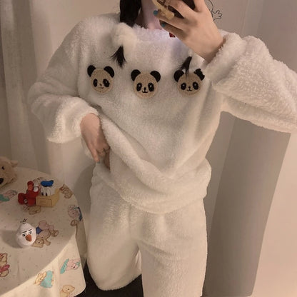 Fleece Thick Warm Women's Pajamas Set Winter Sleepwear Casual Solid Top and Plaid Pants Soft Pijamas Set for Women Home Suit